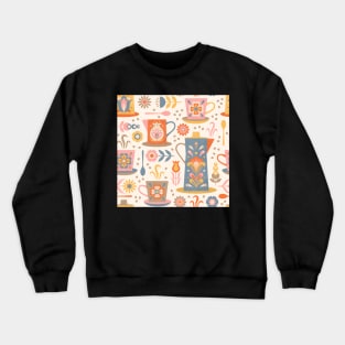 Scandinavian Coffee Break featuring  floral folk art decorated coffee pots and cups in blue, orange, pink and yellow Crewneck Sweatshirt